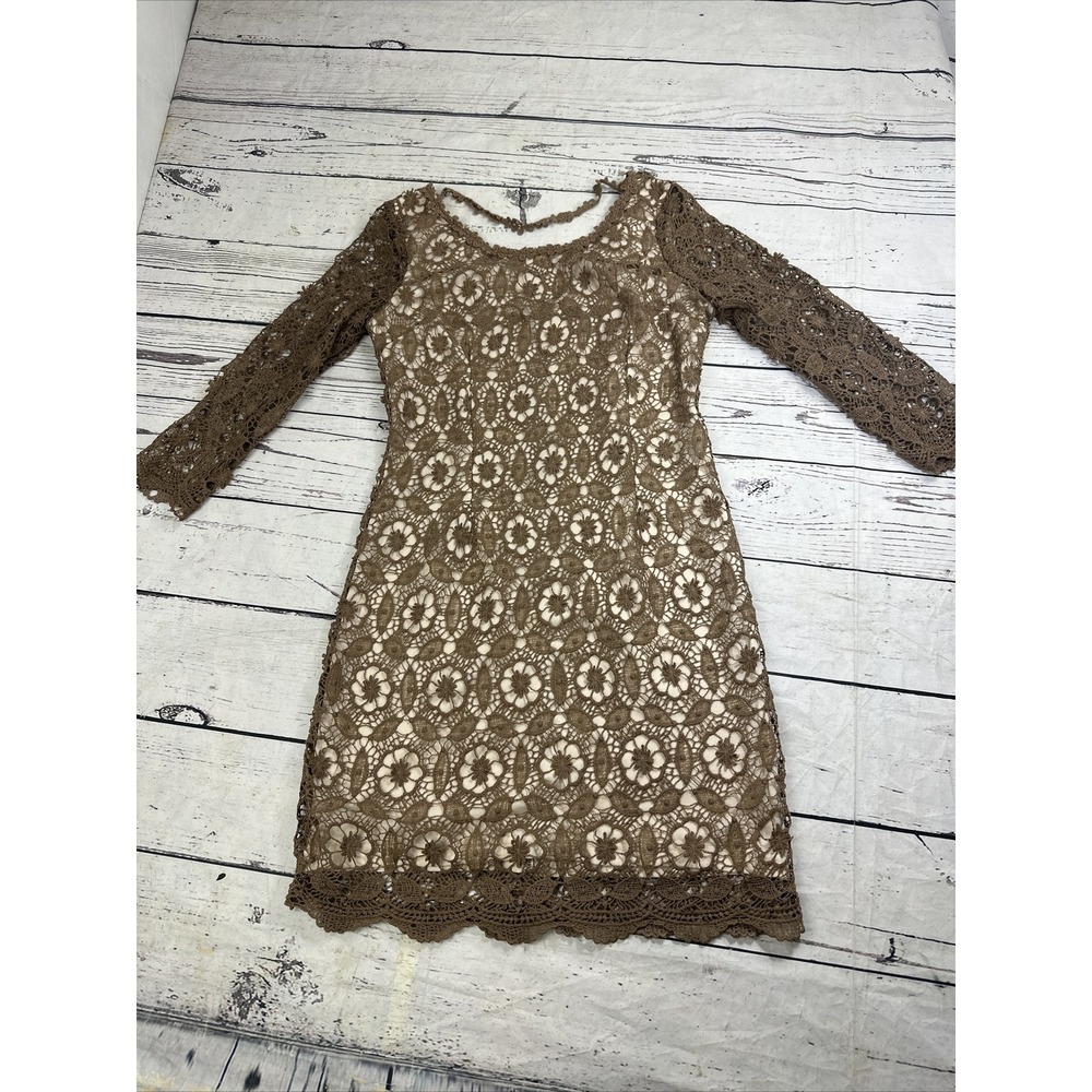 Soieblu Brown Crochet Lace Midi Sheath Dress Sweetheart V-Back Womens Size M